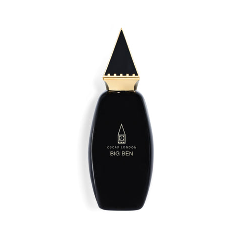Elegant Oscar London Big Ben perfume bottle from the Big Ben Collection. The sleek black bottle features a distinctive gold triangular cap, inspired by the architectural elements of Big Ben. The minimalist gold-engraved branding adds a touch of sophistication, making this fragrance a statement of luxury and timeless style.