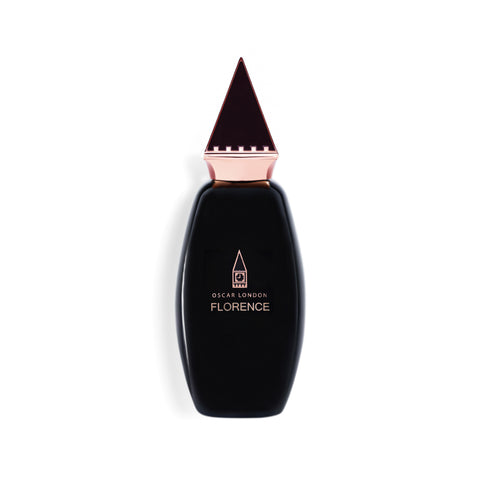 Sleek and luxurious Oscar London Florence perfume bottle from the Big Ben Collection. The bottle is black with a smooth, curved design, featuring a gold triangular cap inspired by the architecture of Big Ben. The minimalist gold-engraved branding adds a touch of elegance, making it a sophisticated fragrance presentation.