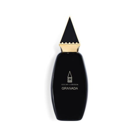 Elegant Oscar London Granada perfume bottle from the Big Ben Collection. The bottle features a sleek black design with a gold triangular cap, inspired by the architectural elements of Big Ben. The minimalist gold-engraved branding enhances its luxurious and sophisticated presentation, making it a statement fragrance.
