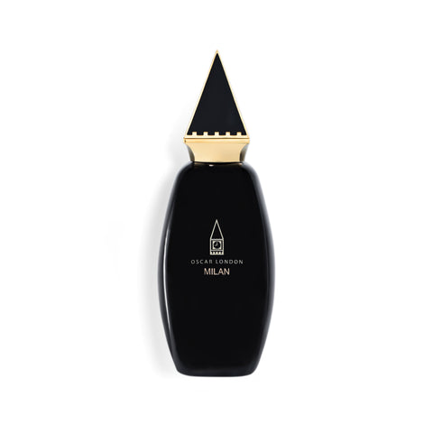 Sophisticated Oscar London Milan perfume bottle from the Big Ben Collection. The bottle features a sleek black design with a gold triangular cap, inspired by the architectural details of Big Ben. The minimalist gold-engraved branding adds an elegant touch, making it a luxurious and refined fragrance presentation.