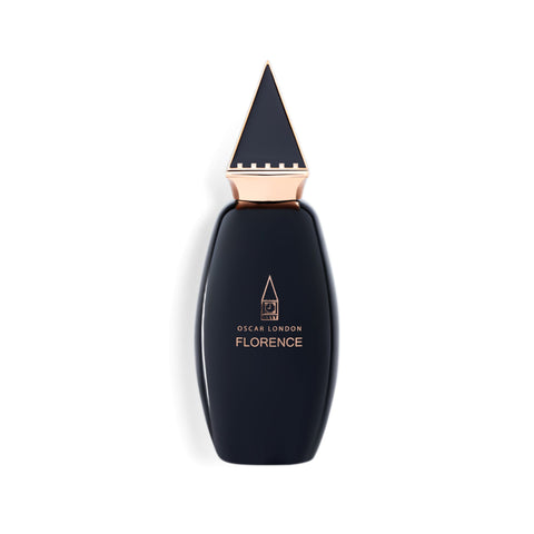 Sleek and luxurious Oscar London Florence perfume bottle from the Big Ben Collection. The bottle is black with a smooth, curved design, featuring a gold triangular cap inspired by the architecture of Big Ben. The minimalist gold-engraved branding adds a touch of elegance, making it a sophisticated fragrance presentation.