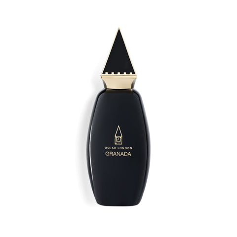 Elegant Oscar London Granada perfume bottle from the Big Ben Collection. The bottle features a sleek black design with a gold triangular cap, inspired by the architectural elements of Big Ben. The minimalist gold-engraved branding enhances its luxurious and sophisticated presentation, making it a statement fragrance.