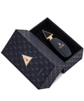 Luxurious Oscar London Granada perfume from the Big Ben Collection, presented in an elegant black leather-textured box with gold accents. The sleek black bottle, featuring a gold triangular cap inspired by Big Ben’s architecture, rests inside the sophisticated case. The rich leather packaging enhances the premium and exclusive appeal of this fragrance.