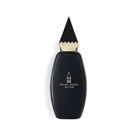 Sophisticated Oscar London Milan perfume bottle from the Big Ben Collection. The bottle features a sleek black design with a gold triangular cap, inspired by the architectural details of Big Ben. The minimalist gold-engraved branding adds an elegant touch, making it a luxurious and refined fragrance presentation.