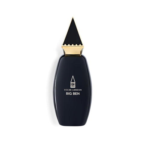 Elegant Oscar London Big Ben perfume bottle from the Big Ben Collection. The sleek black bottle features a distinctive gold triangular cap, inspired by the architectural elements of Big Ben. The minimalist gold-engraved branding adds a touch of sophistication, making this fragrance a statement of luxury and timeless style.