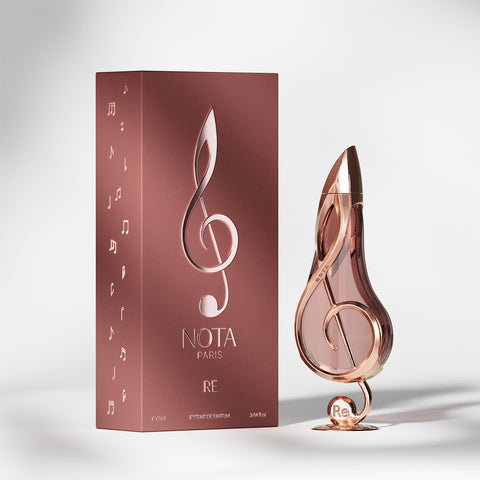 Rose gold perfume bottle shaped as a musical note name RE 