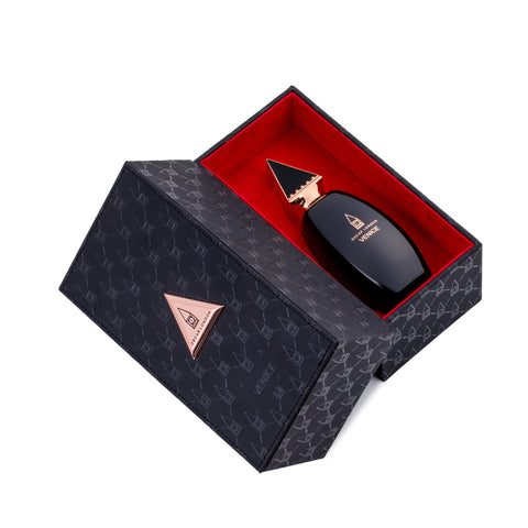 Luxurious Oscar London Venice perfume from the Big Ben Collection, presented in an elegant black leather-textured box with rose gold accents. The sleek black bottle, featuring a distinctive rose gold triangular cap inspired by Big Ben’s architecture, is nestled inside a rich red velvet-lined interior. The sophisticated leather packaging enhances the premium and exclusive appeal of this fragrance.